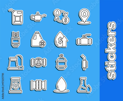 Set line Oil petrol test tube, Industry metallic pipes and valve, exchange, water transfer, convert, Antifreeze canister, Propane gas tank, Canister for gasoline and price increase icon. Vector