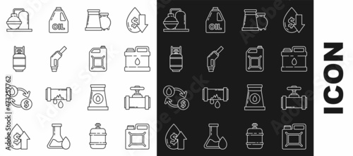 Set line Canister for gasoline, Industry metallic pipes and valve, motor machine oil, Oil industrial factory building, Gasoline pump nozzle, Propane tank, and icon. Vector