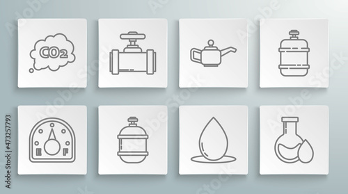 Set line Motor gas gauge, Industry metallic pipes and valve, Propane tank, Oil drop, petrol test tube, Canister for motor machine oil, and CO2 emissions cloud icon. Vector