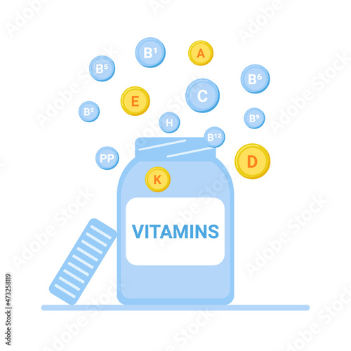 Vitamin jar, supplement health care. Fat and water soluble vitamins, useful nutritional dietary supplement. Different types of food additives in bottle. Vector illustration