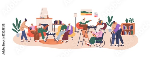 Senior aged people living in nursing home. Caregivers caring about old men and women. Elederly resting in social center with leisure activities. Flat vector illustration isolated on white background