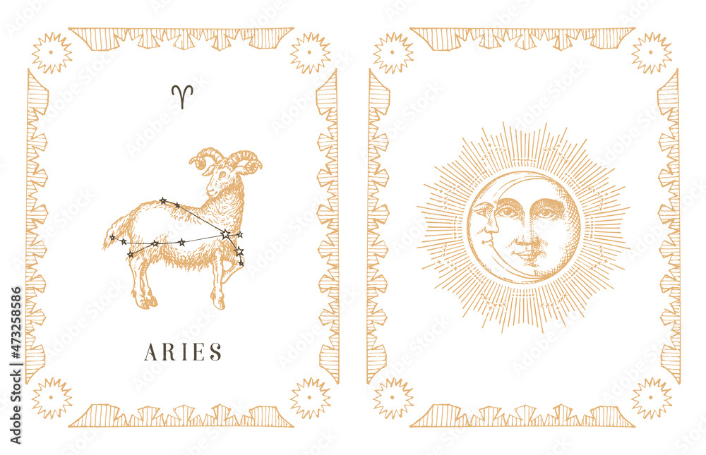 Aries zodiac symbol and constellation, old card.
