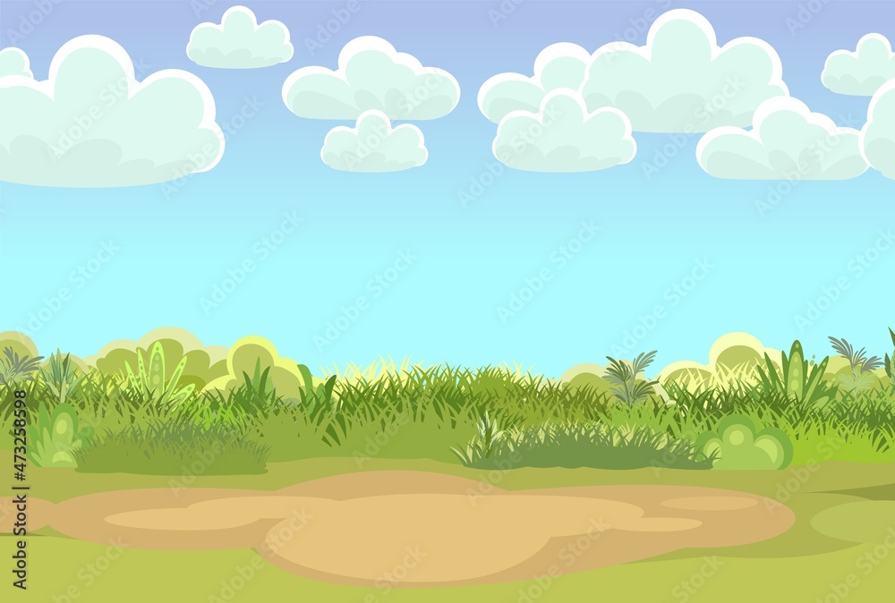 Obraz premium Sandy Glade. Summer meadow. Blue sky. Green succulent grass close up. Grassland. Place on the field. Place for a tent. Cartoon style. Flat design. Illustration vector art
