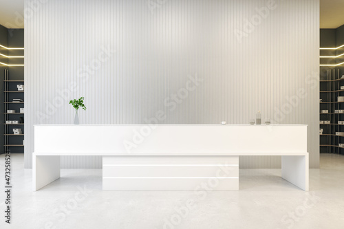Modern concrete office interior with white reception desk and mock up place on wall. Lobby concept. 3D Rendering.