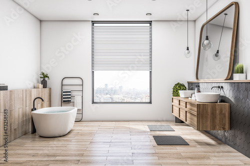 Modern concrete and wooden luxury bathroom interior with bright window and city view, various objects. Hotel and luxury home concept. 3D Rendering.