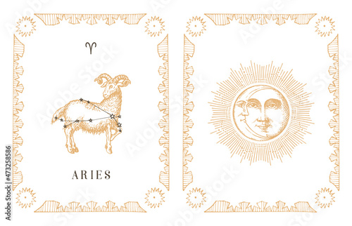 Aries zodiac symbol and constellation, old card.