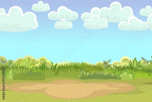 Sandy Glade. Summer meadow. Blue sky. Green succulent grass close up. Grassland. Place on the field. Place for a tent. Cartoon style. Flat design. Illustration vector art