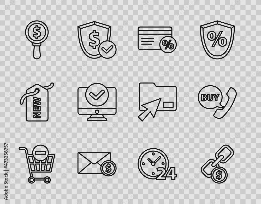 Set line Remove shopping cart, Chain link and coin, Discount card with percent, Envelope dollar, Magnifying glass, Computer monitor, Clock 24 hours and Phone speech bubble Buy icon. Vector Set line Remove shopping cart, Chain link and coin, Discount card with percent, Envelope dollar, Magnifying glass, Computer monitor, Clock 24 hours and Phone speech bubble Buy icon. Vector
