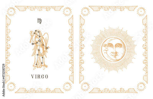 Virgo zodiac symbol and constellation, old card.