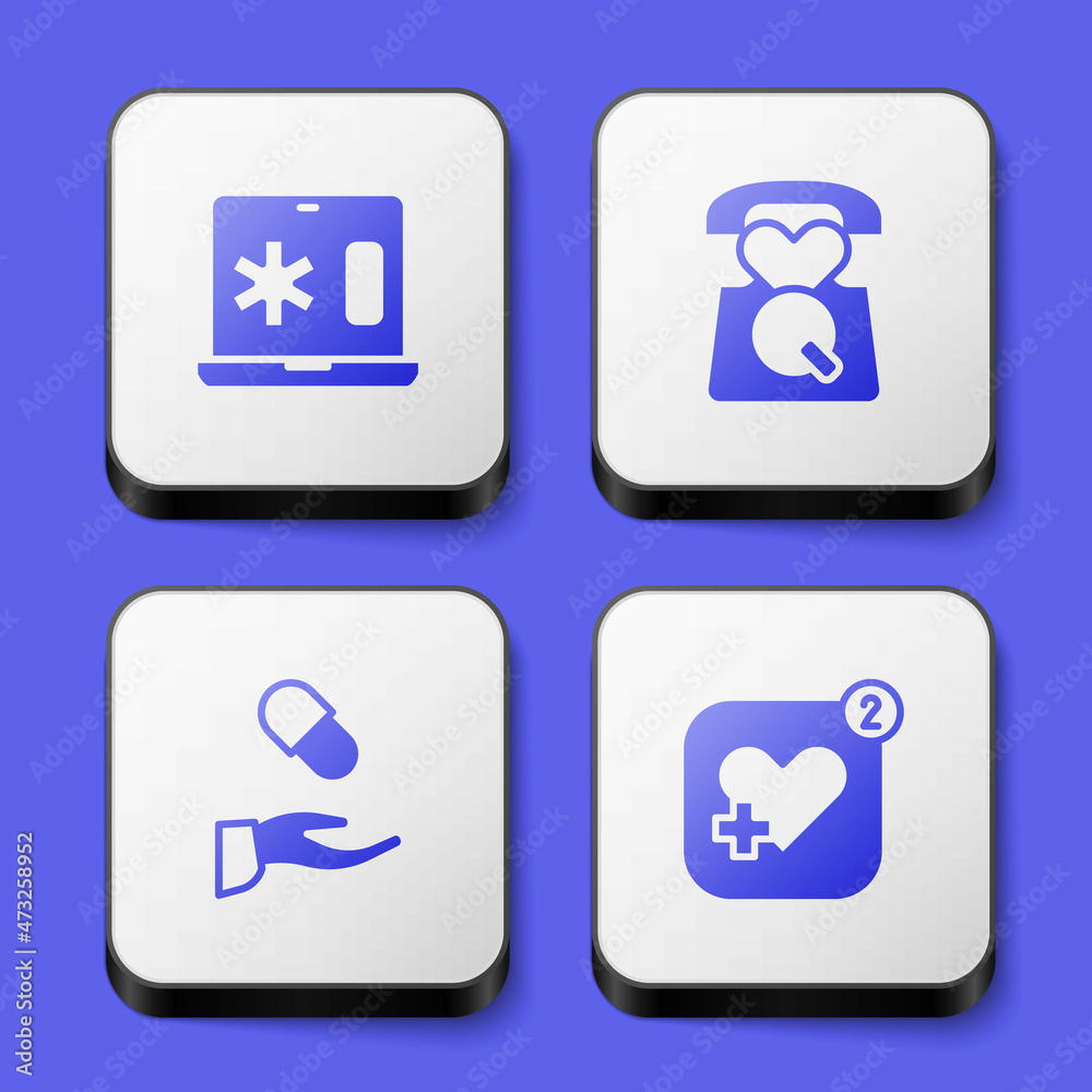 Set Clinical record on laptop, Emergency call 911, Medical prescription and Mobile with heart rate icon. White square button. Vector Set Clinical record on laptop, Emergency call 911, Medical prescription and Mobile with heart rate icon. White square button. Vector