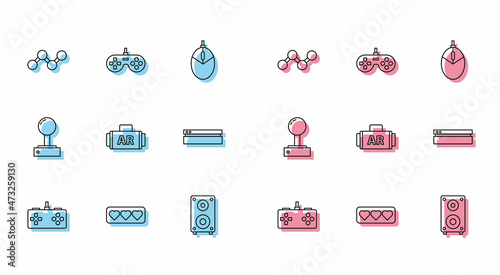 Set line Gamepad, Like and heart, Share, Stereo speaker, Ar, augmented reality, Video game console, Joystick for arcade machine and icon. Vector