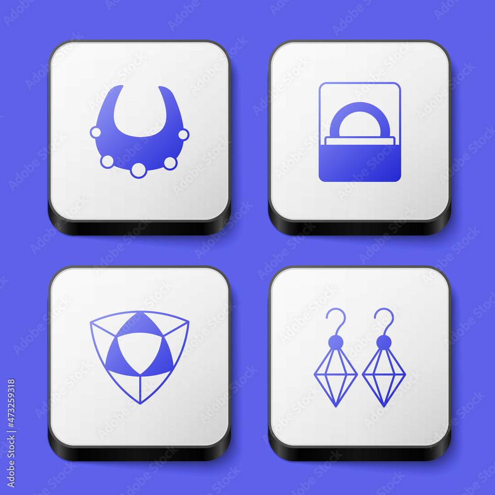Set Necklace, Diamond engagement ring in box, and Earrings icon. White square button. Vector Set Necklace, Diamond engagement ring in box, and Earrings icon. White square button. Vector