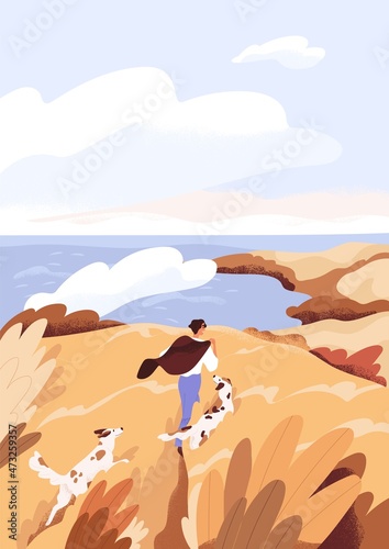 Person walking with dogs in peaceful autumn nature. Happy man and pets outdoors, resting by sea on fall holidays. Serene landscape. Happiness and freedom concept. Colored flat vector illustration