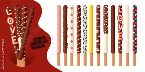 Set of chocolate dipped cookie sticks with various flavors of Pepero. Korean event Pepero Day November 11th.