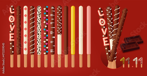 Set of chocolate dipped cookie sticks with various flavors of Pepero. Korean event Pepero Day November 11th.