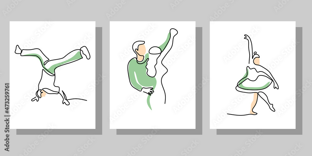 Continuous one single line of three people dancing poster for wallpaper isolated on grey background.