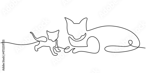 Continuous one single line of mother cat with her little cat isolated on white background