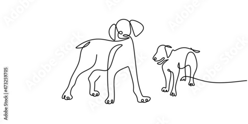 Continuous one single line of mother dog playing with her kid isolated on white background