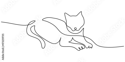Continuous one single line of cute cat lying on the floor isolated on white background
