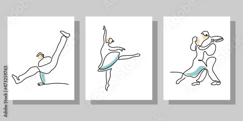 Continuous one single line of three people dancing poster for wallpaper isolated on grey background.
