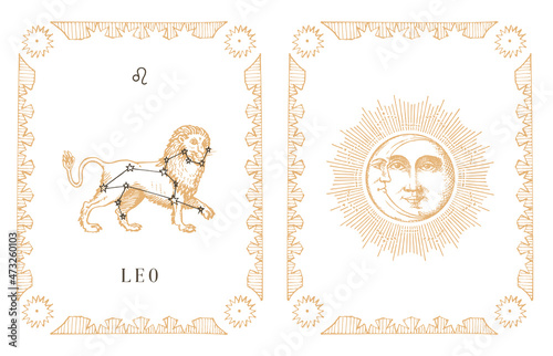 Leo zodiac symbol and constellation, vintage card.