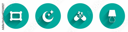 Set Pillow, Moon and stars, Sleeping pill and Table lamp icon with long shadow. Vector