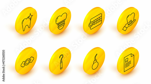 Set line Clipboard with dental card, Enema pear, Dental explorer scaler for teeth, Candy, Tooth, Dentures model, implant and whitening concept icon. Vector