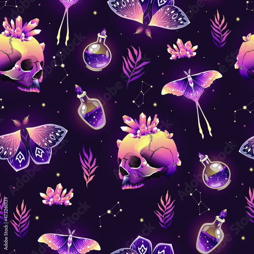 Vector seamless pattern with crystal, skull, moths and stars. Contemporary composition. Trendy texture for print, textile, packaging.