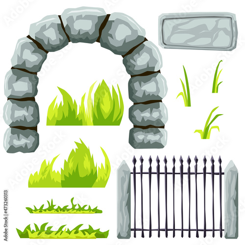 Fence elements. Stone arch, signboard, wrought iron fence and grass. Can be used to decorate a park, zoo, estate