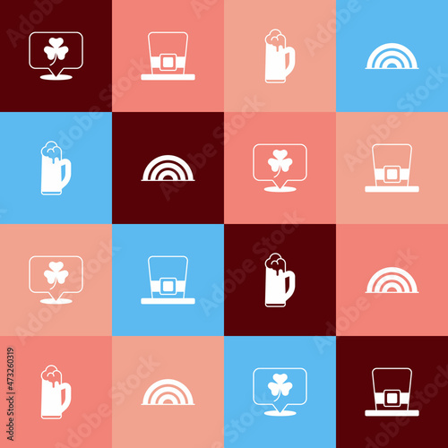 Set pop art Clover trefoil leaf, Leprechaun hat, Glass of beer and Rainbow icon. Vector