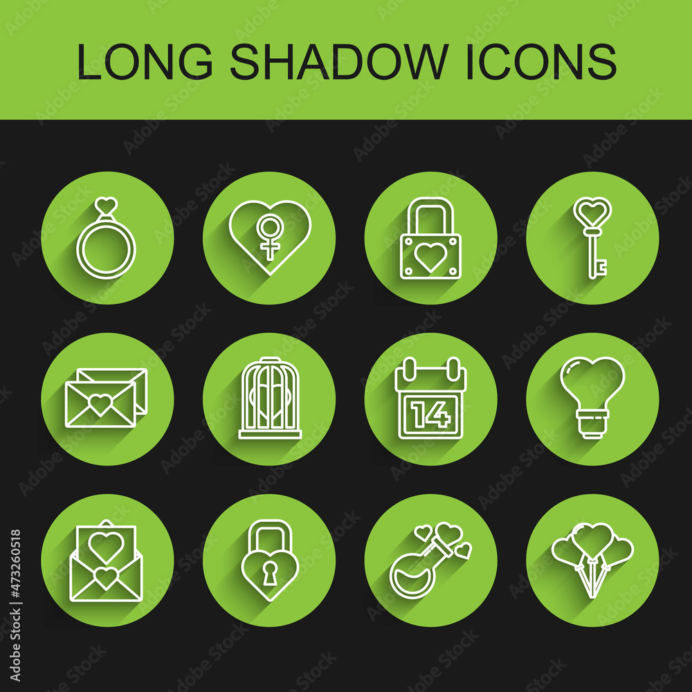 Set line Envelope with Valentine heart, Castle the shape of, Wedding rings, Bottle love potion, Balloons form, Heart bird cage, light bulb and Calendar February 14 icon. Vector Set line Envelope with Valentine heart, Castle the shape of, Wedding rings, Bottle love potion, Balloons form, Heart bird cage, light bulb and Calendar February 14 icon. Vector