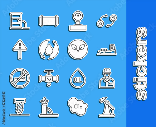 Set line Oil pump or pump jack, Oilman, tanker ship, Gauge scale, drop, Exclamation mark in triangle, Barrel oil leak and Bio fuel icon. Vector