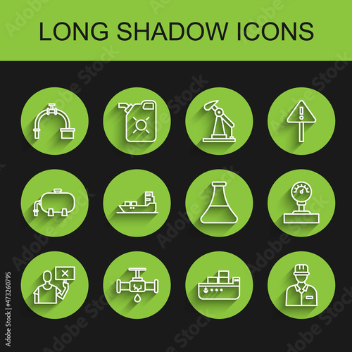 Set line Nature saving protest, Broken pipe with leaking water, Industry and valve, Oil tanker ship, Oilman, Gauge scale and petrol tube icon. Vector