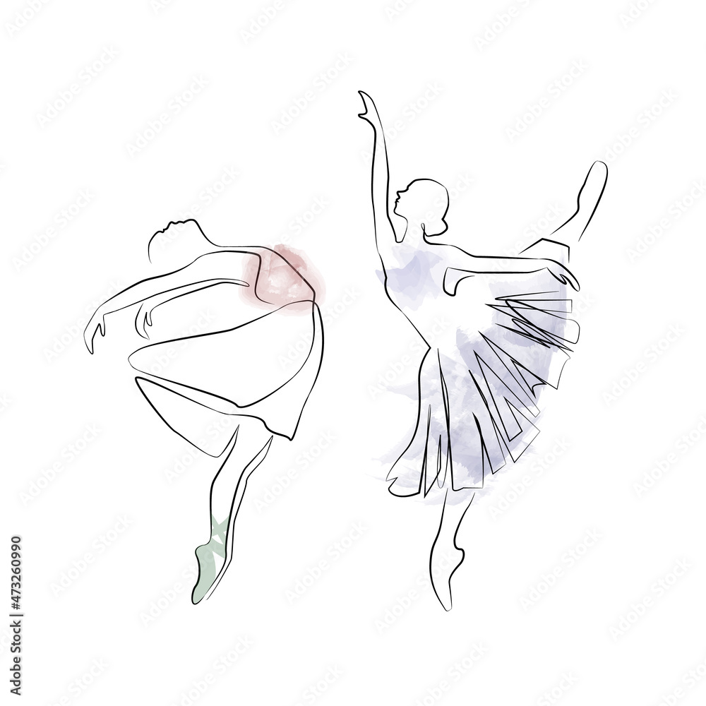 sketch of a woman in a dress ballet dancer line art continuous art watercolor icon girl  - obrazy, fototapety, plakaty 