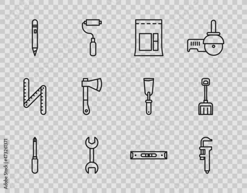 Set line Screwdriver, Calliper or caliper and scale, Cement bag, Wrench spanner, Pencil with eraser, Wooden axe, Construction bubble level and Snow shovel icon. Vector