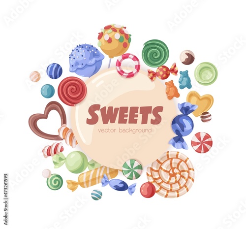 Candies circle background with lollipops, pinwheels and sweeties around. Round frame label design with yummy sugar sweets for confectionery shop. Colored flat vector illustration isolated on white