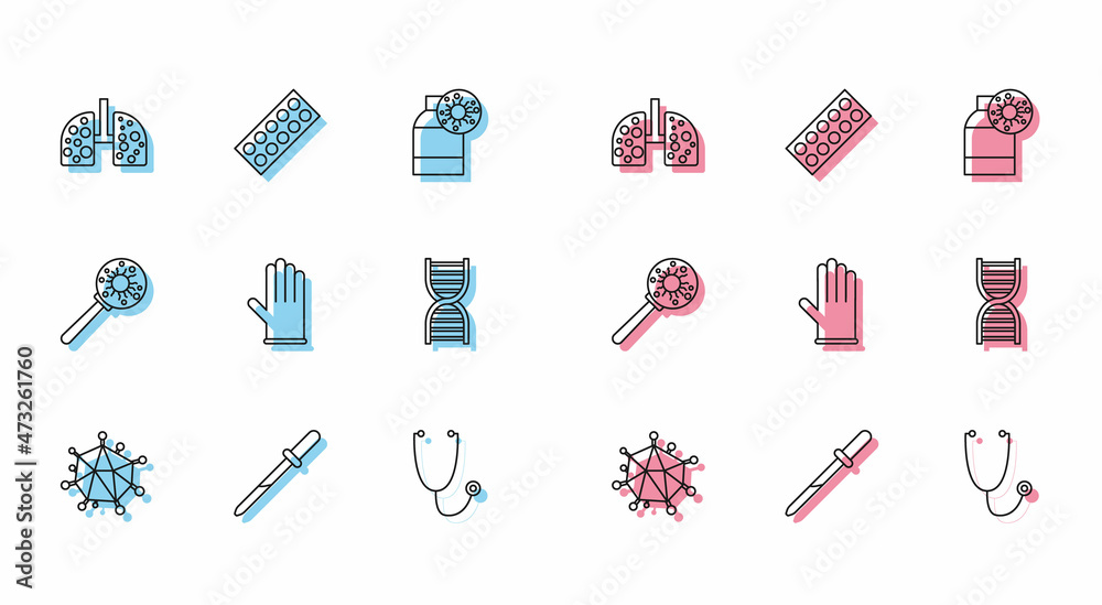 Set line Virus, Pipette, cells in lung, Stethoscope, Medical rubber gloves, DNA symbol, under magnifying glass and Pills blister pack icon. Vector Set line Virus, Pipette, cells in lung, Stethoscope, Medical rubber gloves, DNA symbol, under magnifying glass and Pills blister pack icon. Vector