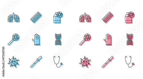 Set line Virus, Pipette, cells in lung, Stethoscope, Medical rubber gloves, DNA symbol, under magnifying glass and Pills blister pack icon. Vector