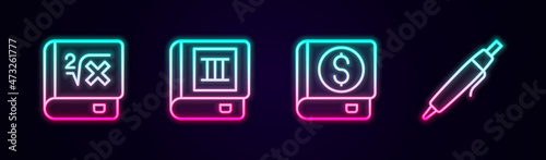 Set line Book with mathematics, Financial book and Pen. Glowing neon icon. Vector