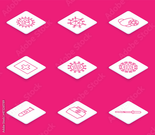 Set line Virus, Runny nose and virus, First aid kit, Blood test and icon. Vector