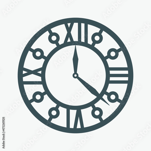 Vintage round clock roman hour time watch antique retro old, silhouette, vector