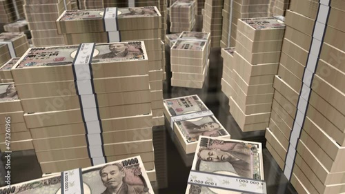 Japan yen money notes packs loop. 3D flight over JPY banknotes stacks towers. Loopable seamless abstract background concept of business, economy crisis and finance.