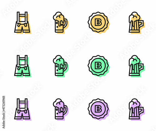 Set line Bottle cap, Lederhosen, Glass of beer and Wooden mug icon. Vector