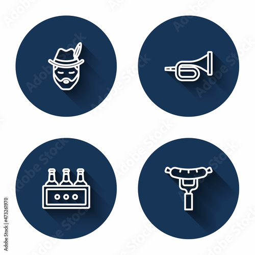 Set line Oktoberfest man, Trumpet, Pack of beer bottles and Sausage on the fork with long shadow. Blue circle button. Vector