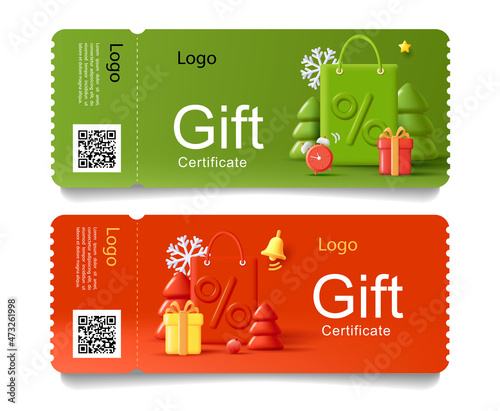 Set of gift certificate or promo event invitation ticket with 3d render composition illustration of big shopping bag with percent sign and Christmas attributes around it