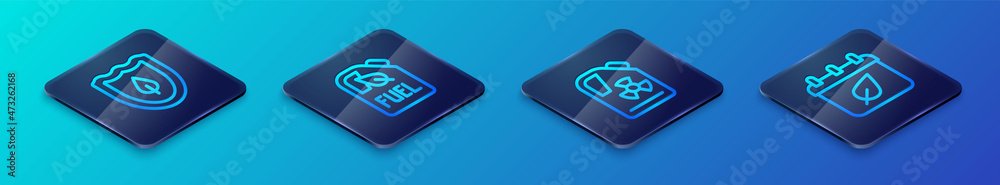 Set Isometric line Radioactive waste in barrel, Shield with leaf, Calendar autumn leaves and Bio fuel canister icon. Vector