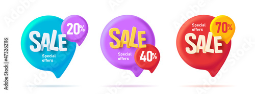 Set of 3d speech bubbles tags illustration with discounts, colorful volume graphic promo elements