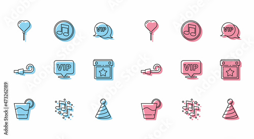 Set line Cocktail, Music note, tone, Balloon in form of heart, Party hat, Location Vip, Calendar party, Birthday horn and icon. Vector