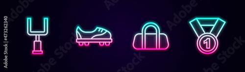 Set line American football goal post, Football shoes, Sport bag and Medal. Glowing neon icon. Vector