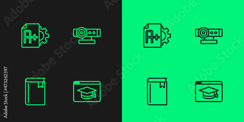Set line Online education, Book, Exam sheet with A plus grade and Web camera icon. Vector